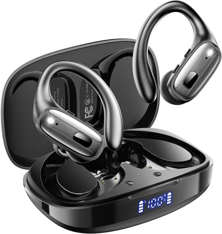 Wireless Earbuds, Sports Bluetooth Headphones, Ear Buds with ENC Noise Canceling Mic, 50Hr Playtime Earphones, Palm-Sized, LED Power Display, IPX7 Waterproof Headset for Workout Running, Black